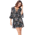 Kate Kasin Sexy Women&#39;s Floral Pattern 3/4 Robe à encolure profonde V-Neck Mini-robe KK000664-1